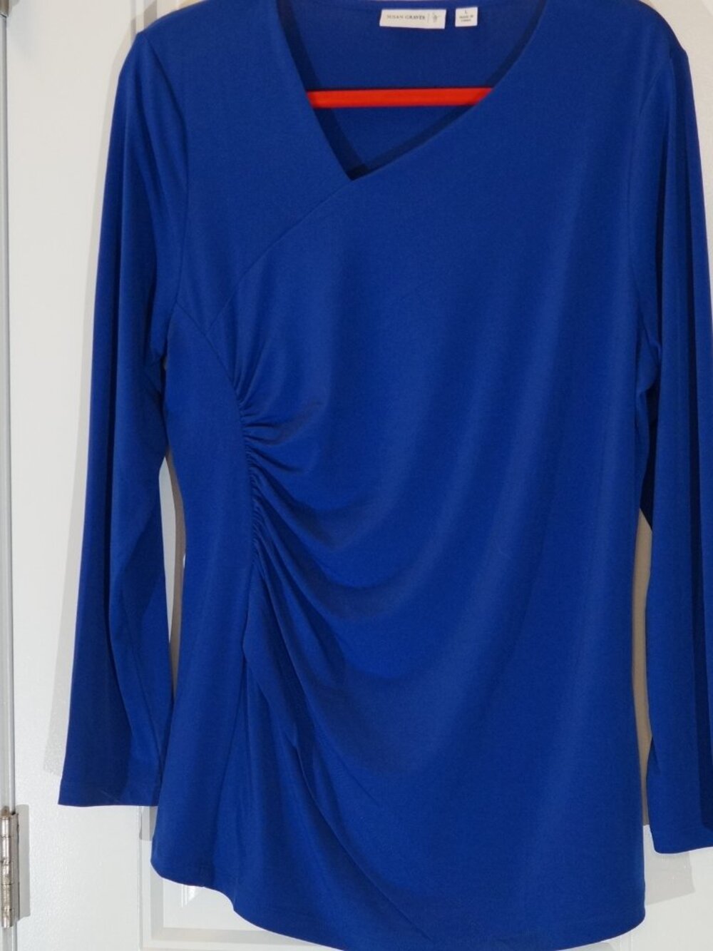Susan Graver Liquid Knit Faux Wrap Ruched Top Size L